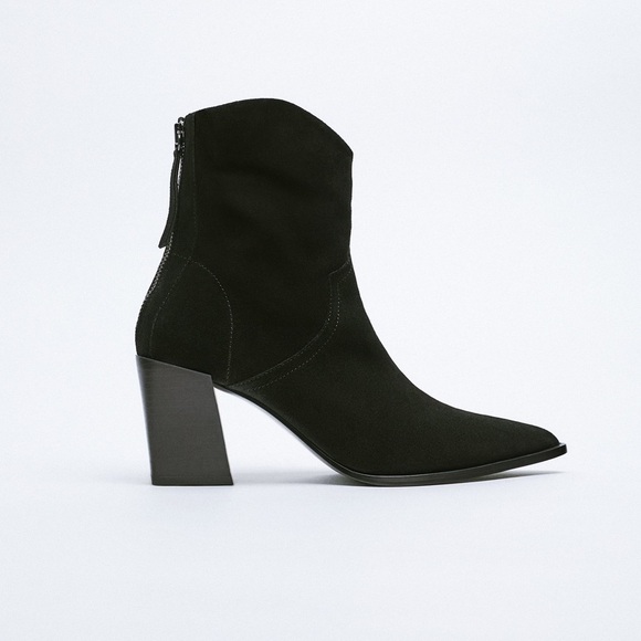 NWT. Zara Black Split Leather Suede Cowboy Heeled Ankle Boots. Size 7,5, 8. - Picture 1 of 7